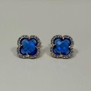 Dainty Blue Clover and Rhinestone Stud Earrings